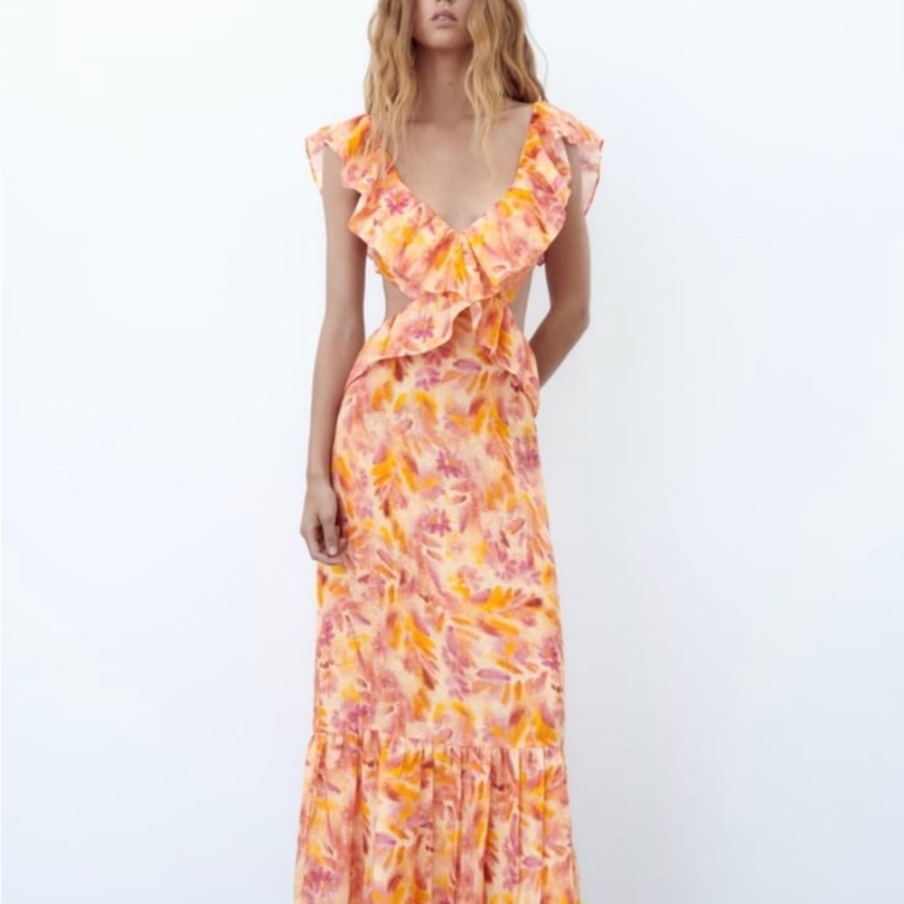Floral Ruffle Maxi Dress in Orange and Pink (NWT // ZARA)